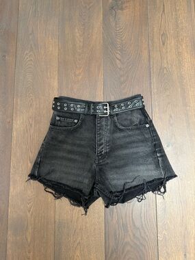 The Kooples High-Waist Black Denim Cutoff Shorts w Grommet Belt